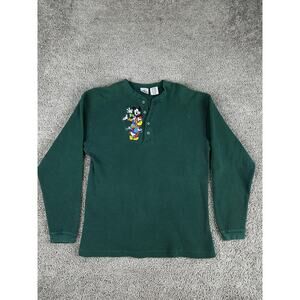Vintage Disney Shirt Mens M Green Henley Thermal Mickey Mouse Goofy Donald 90s